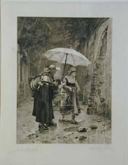 Untitled: Man offering umbrella to woman in rain