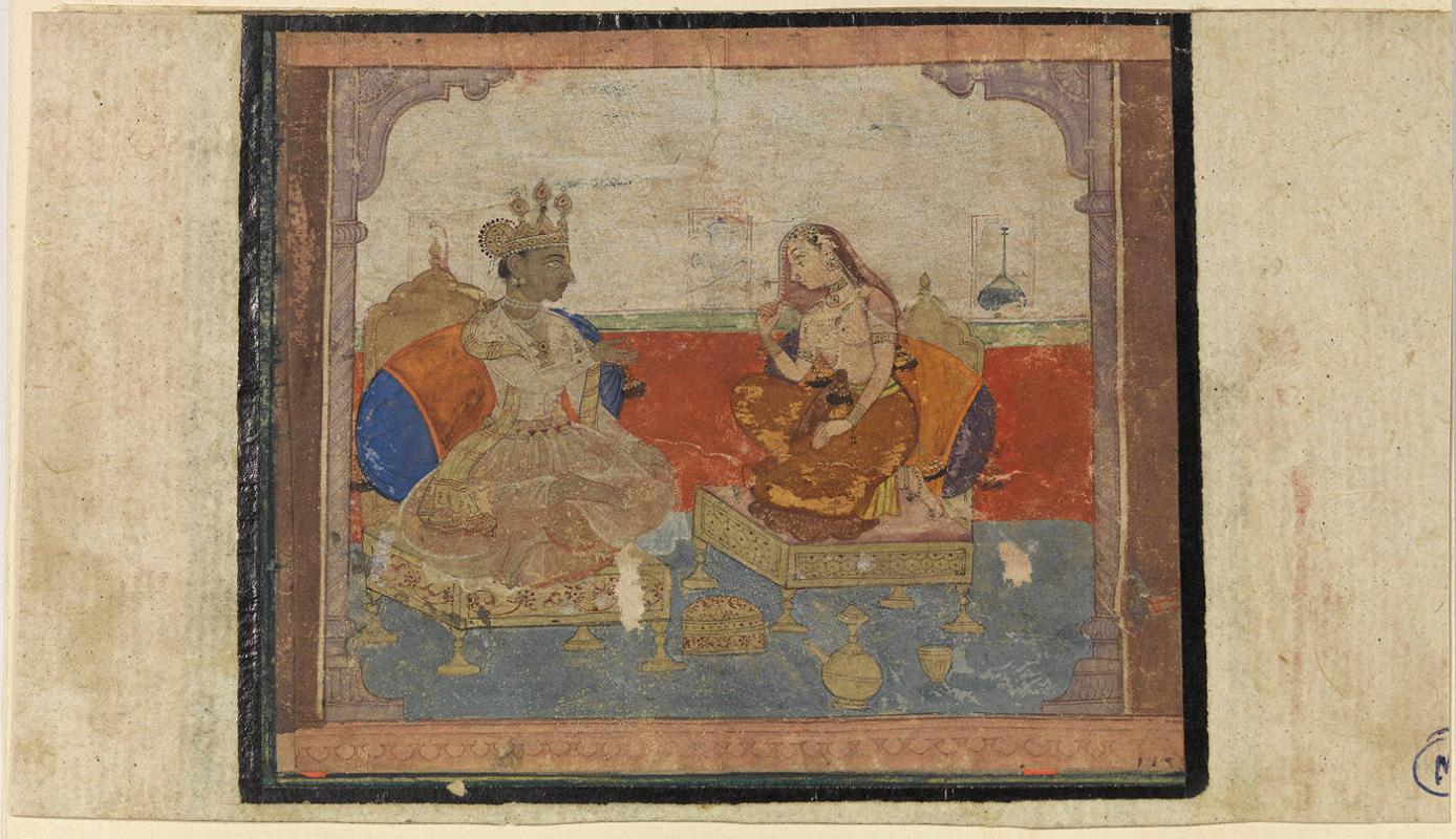 Krishna and Radha Seated in a Palace Chamber from the Rasikapriya of Keshav Das