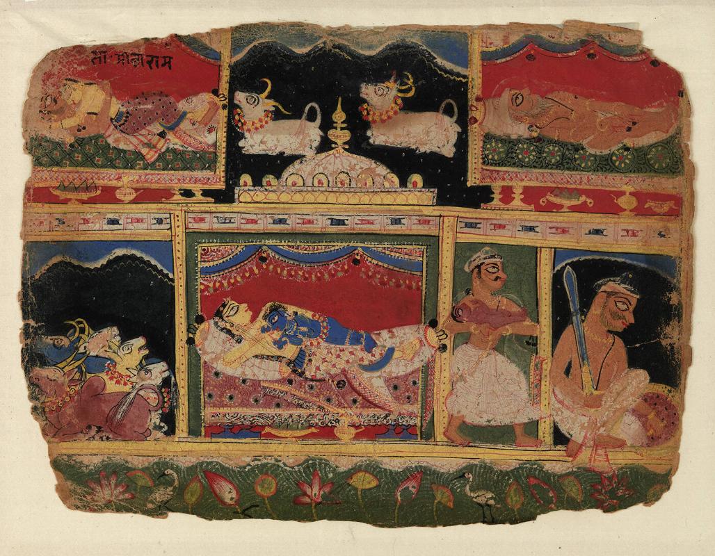 Vesudeva returning to the Palace after making the transfer of babies (from the "Bhagavata Purana")