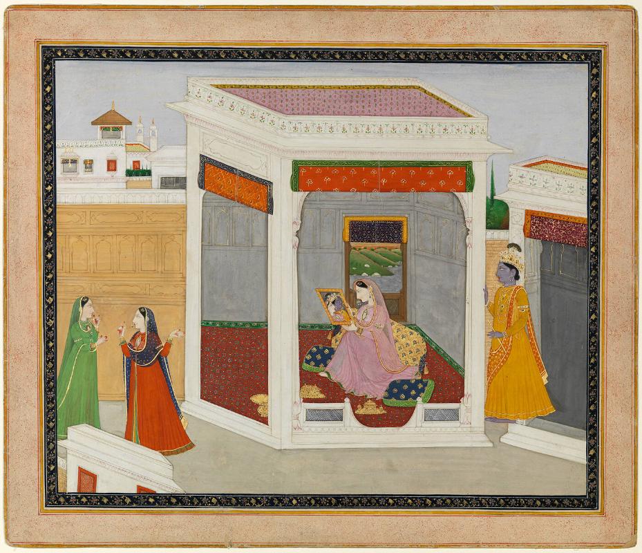 Radha, Attended by Two Maids, Gazes in a Mirror as Krishna Approaches