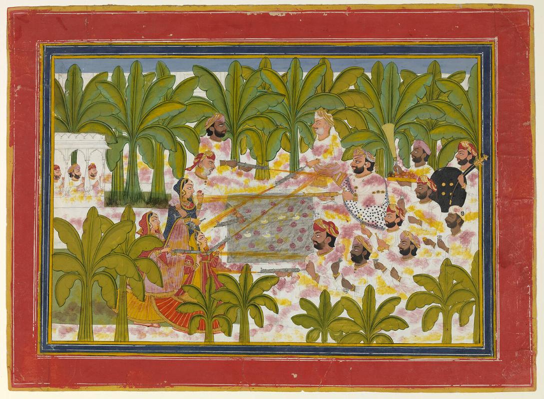 A Prince with Courtiers Celebrating Holi, the Spring Festival, in a Palace Garden