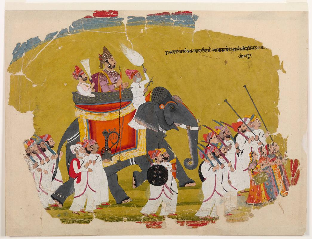 Thakur Bakhtawar Singh, Seated on an Elephant with two Attendants, in Procession with Numerous Retainers on Foot