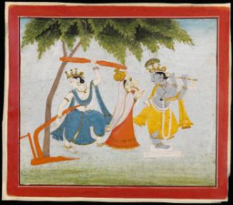 Krishna playing the flute with Radha and Balarama behind him