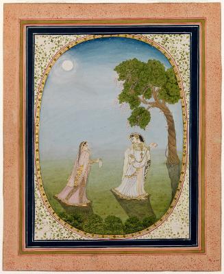 Maid servant handing her mistress a letter by moonlight from the Satsai (Seven Hundred Poems) by Bihari