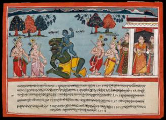 The Infant Krishna fighting a demon and several attendants looking on (from the Bhagavata Purana)