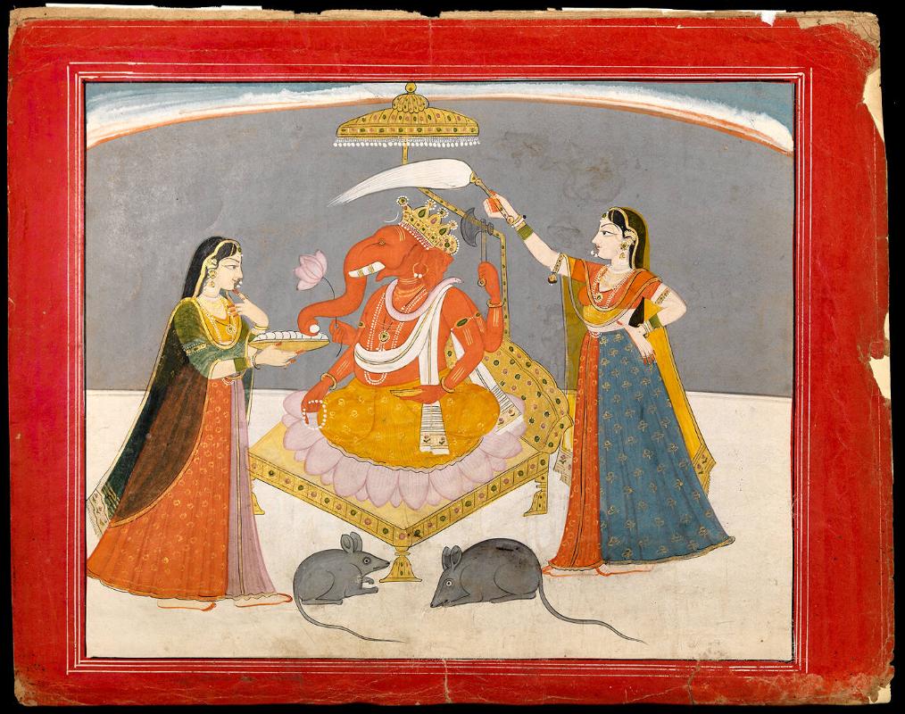Siddhi and Riddhi worshipping Ganesha with two rats