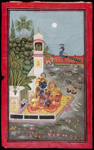 Krishna and Radha on a jetty overlooking a lake