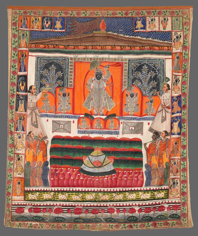 Annakut, the Mountain of Food: An image of Krishna as Shrinathji with an offering of food arrayed before him
