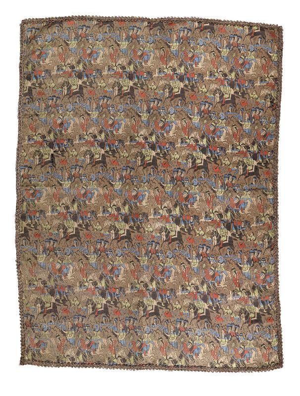 Brocade with pattern of horsemen and foot attendants
