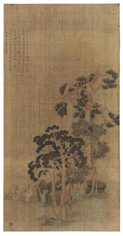 Two sages accompanied by servants amid pine and Wu-tung trees
