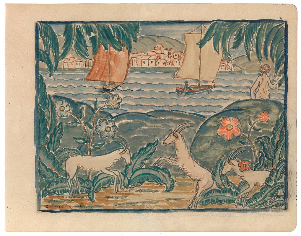 Beach Scene with Prancing Goats