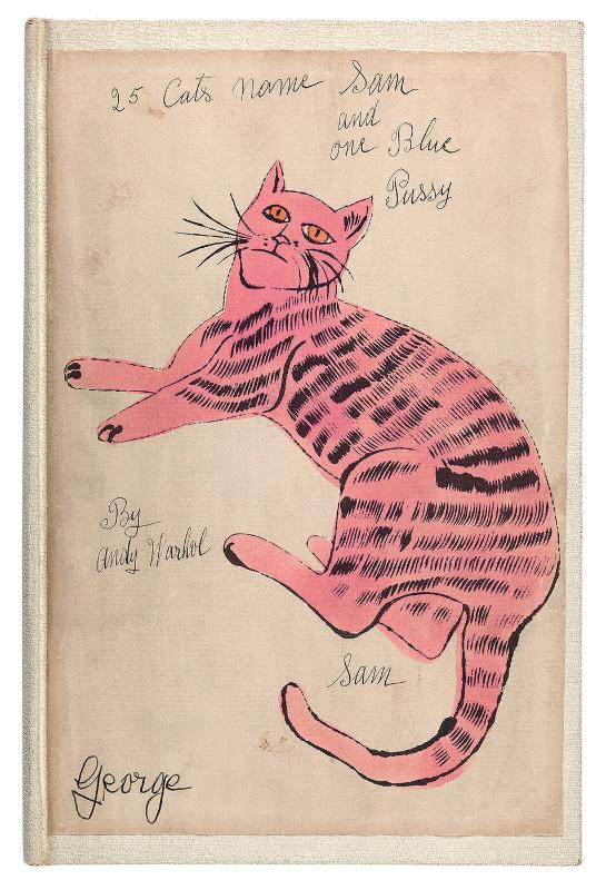 "25 Cats Name Sam and One Blue Pussy"  [New York, 1954]. (Printed by Seymour Berlin, written by Charles Lisanby).  Bound artist's book with 36 pages and 18 plates [including cover], litho-offset prints on paper with hand coloring