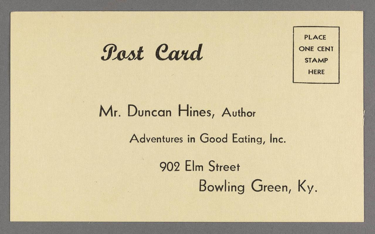 Postcard for suggesting restaurants self-addressed to Duncan Hines