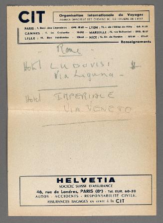Handwritten list of hotels in Italy