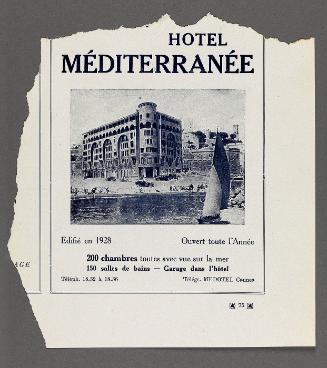 Scrap of paper advertisement for Hotel Méditerranée Cannes