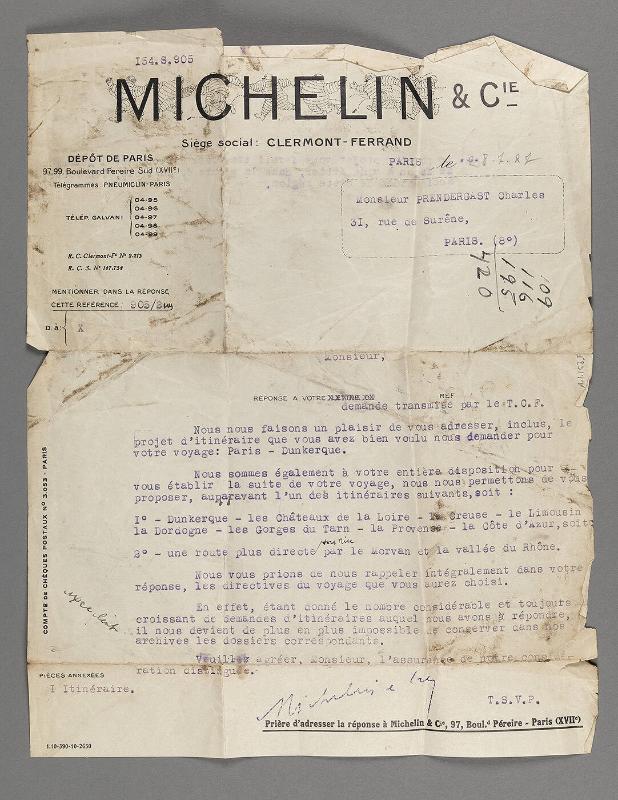 Letter from Michelin & Cie to Charles Prendergast about traveling from Paris to Dunkerque