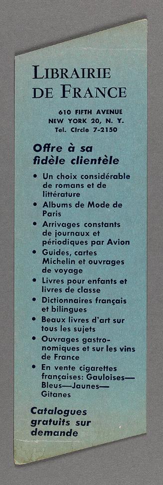 Bookmark from Librarie de France, 610 Fifth Avenue New York 20, N.Y.