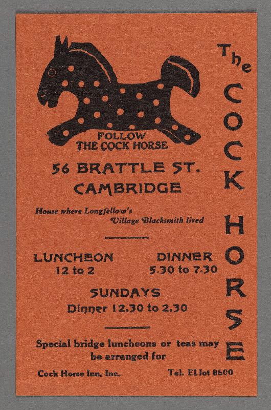 Advertisement card for "The Cock Horse", 55 Brattle St., Cambridge