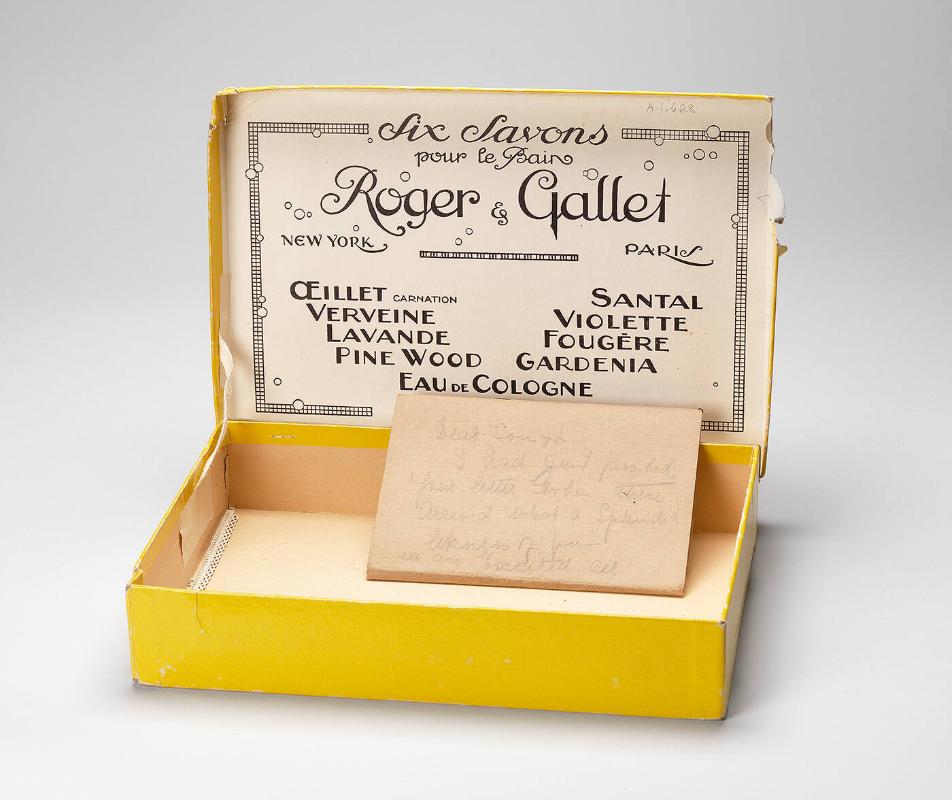 Box belonging to Eugenie Prendergast from Roger and Gallet (Six Saxons) containing a note in pencil