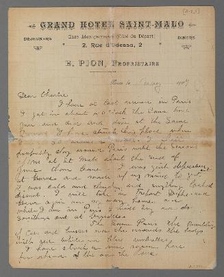 Letter from Maurice Brazil Prendergast to Charles Prendergast, Paris