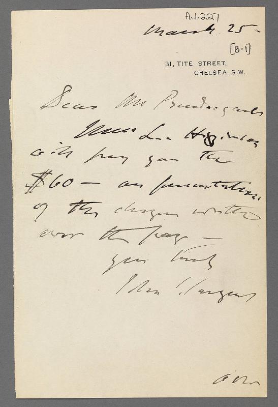 Letter from John Singer Sargent to Charles Prendergast (unknown location)