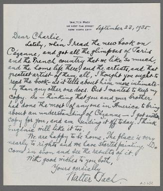 Letter from Walter Pach to Charles Prendergast (148 West 72nd Street, New York City)