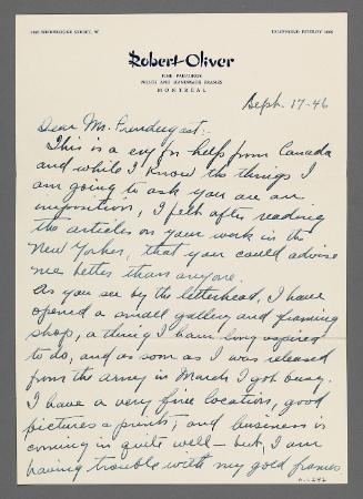 Letter from Robert Oliver to Charles Prendergast (Montreal)