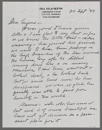 Letter from Ira Glackens to Eugénie Prendergast (Labrador Farm/ Center Conway/ New Hampshire)