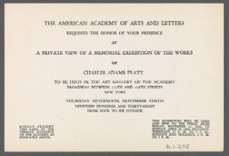 Invitation for private viewing of memorial exhibition of works of Charles Adams Platt
