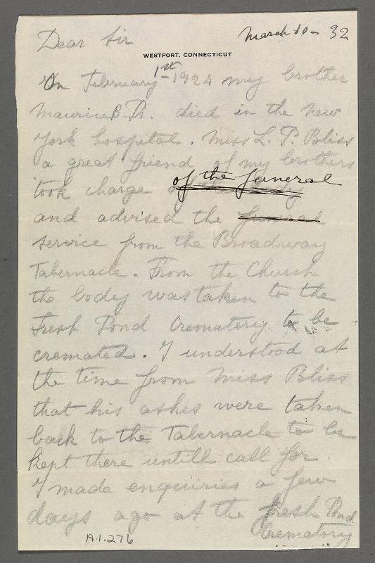 Draft of letter in Eugénie Prendergast hand to Broadway Tabernacle