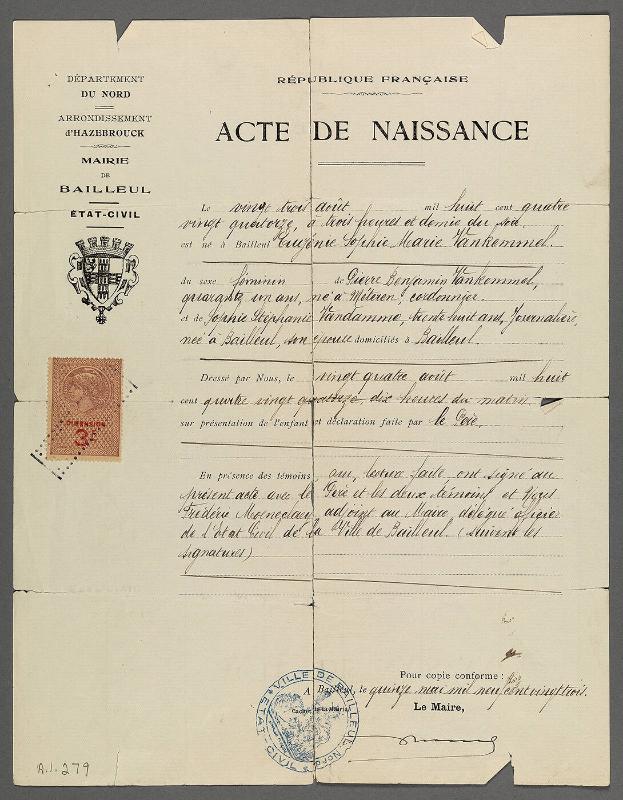 Eugénie (Vankemmel) Birth Certificate
