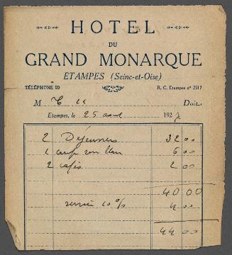 Receipt from Hotel du Grand Monarque