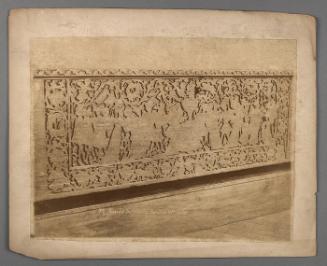Ornate carved panel with figures, birds, vines. Musée de Cluny. Bahut du XVI.e siècle.