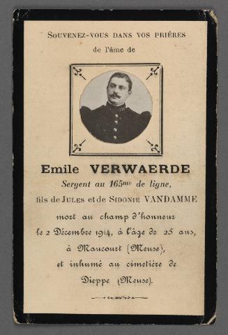 Mass card for Emile Verwaerde (cousin of Eugénie Prendergast)