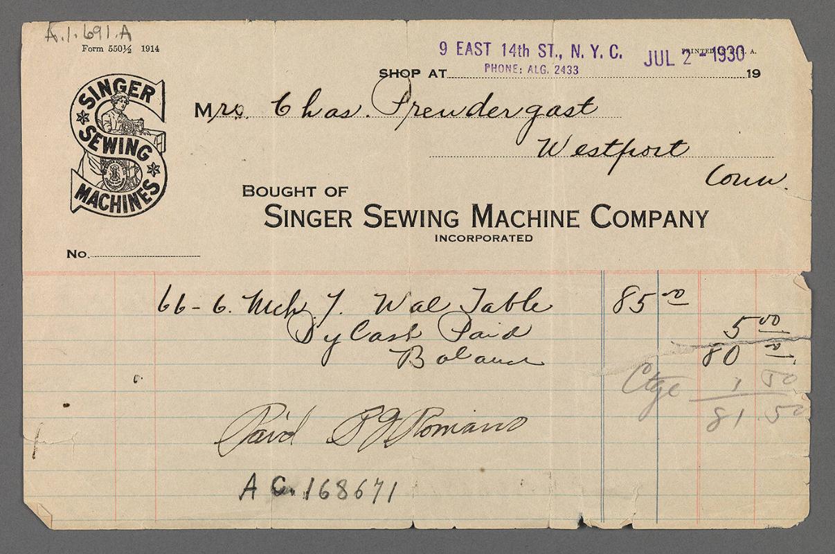 Bill for Singer Sewing Machine
