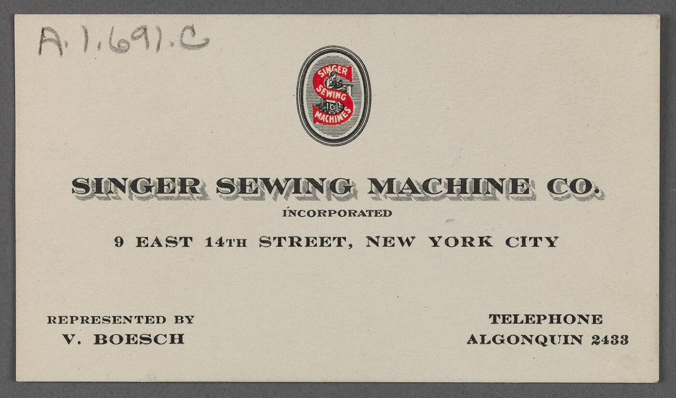 Business card for Singer Sewing Machine Co.
