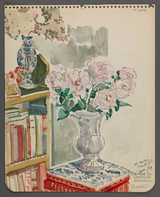 Watercolor with vase of flowers and bookcase with mailing envelope (Porch Crooked Mile Road)