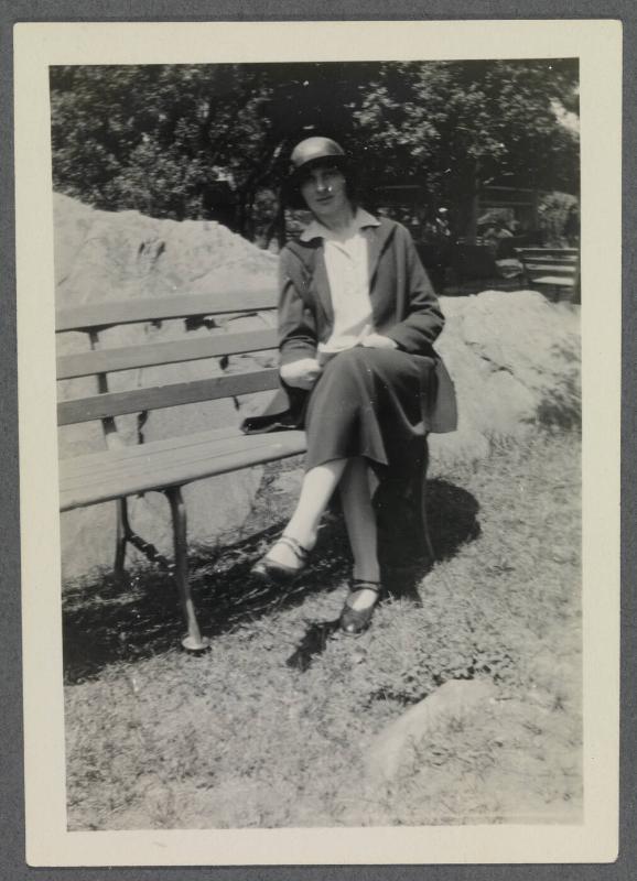 1927-1929 series of Eugénie and Charles Prendergast and Vankemmel family members in France; woman on bench