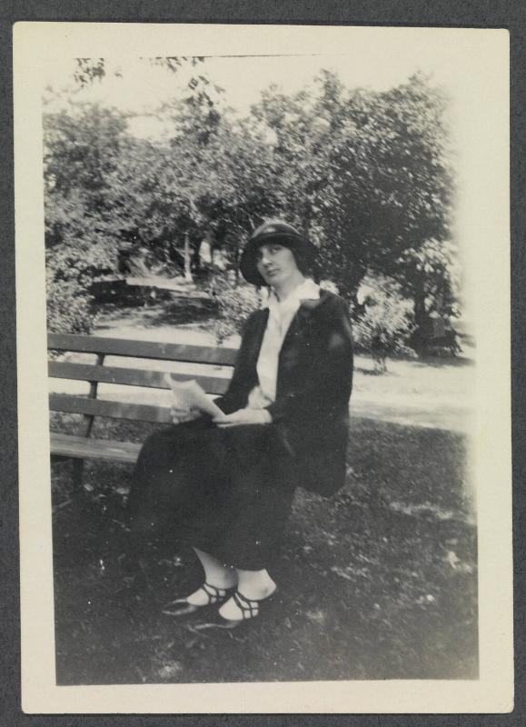 1927-1929 series of Eugénie and Charles Prendergast and Vankemmel family members in France; woman on bench