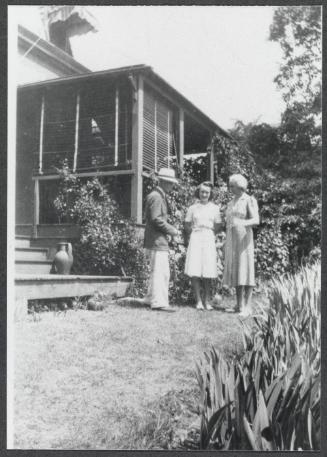 Series including Charles Prendergast, Eugenie Prendergast, and Antoinette Maynard in Vermont, Concord, MA and West Medford, MA; (L to R) Charles Prendergast, Antoinette Maynard, and Eugénie Prendergast at Misses Hallowell's in West Medford, MA