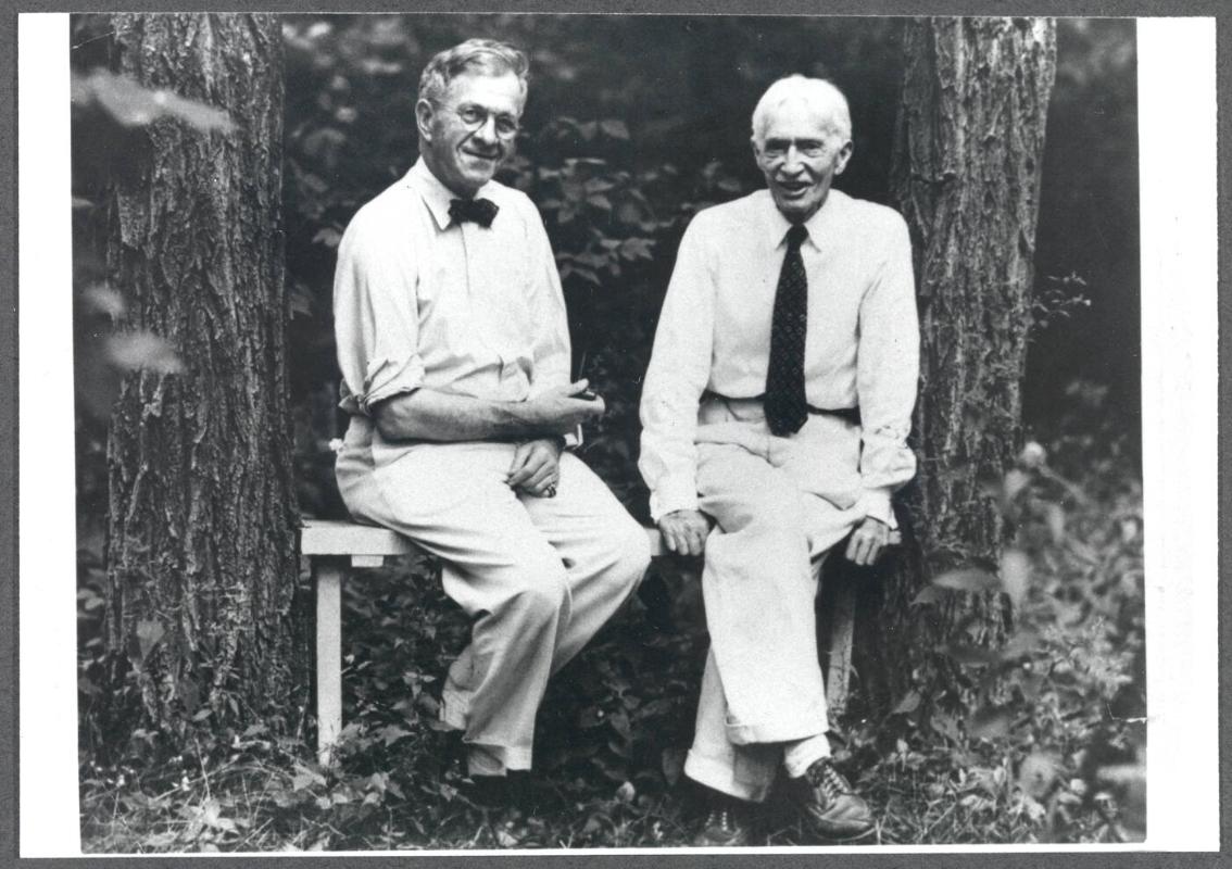 Series of Charles Prendergast and M.D.C. Crawford in garden at Crooked Mile Road, Westport, CT; (L to R) M.D.C. Crawford, Charles Prendergast