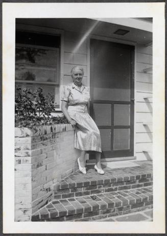 Eugénie Prendergast and various individuals at her Wilton Terrace home; Eugénie Prendergast front steps