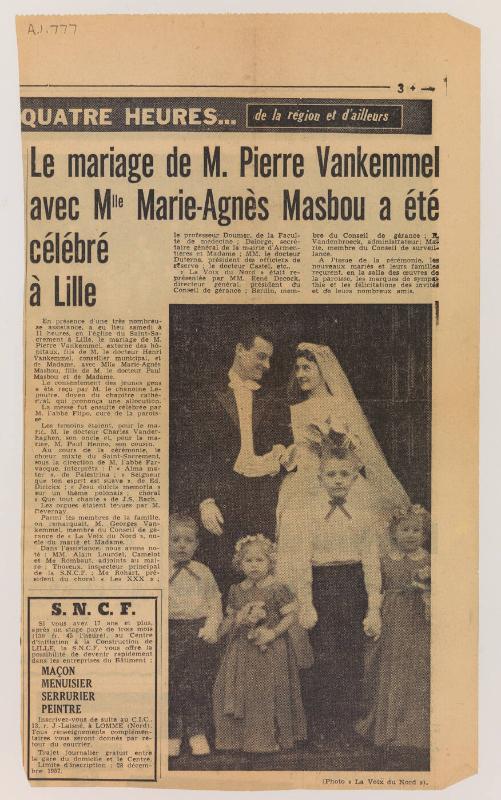 Newspaper clipping announcing marriage of Pierre Van Kemmel (son of Eugénie Prendergast's cousin, Henri) to Marie-Agnes Mastou