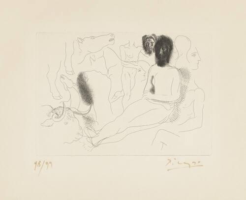 Seated Nude and Sketches (Horses, Bulls, Bullfighter..., plate X (from "Le Chef-d'oeuvre inconnu")