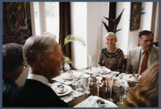Eugénie Prendergast's 90th birthday party; (L to R) Eugénie Prendergast, Mr. Brumbaugh, (seated across table) Cathy Genvert, Joe Butler