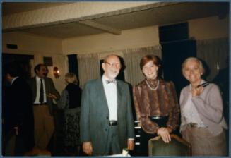 Series of a dinner at Williams College Museum of Art including Eugénie Prendergast and others; (L to R) unknown person, Carol Clark, Cathy Genvert