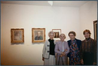 Series of a dinner at Williams College Museum of Art including Eugénie Prendergast and others; (L to R) unknown person, Cathy Genvert, Eugénie Prendergast, Carol Clark