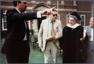 Eugénie Prendergast receiving her honorary degree at 1985 Williams College Commencement ceremony including friends and college officials; (L to R) Tom Krens, Joe Butler, Eugénie Prendergast
