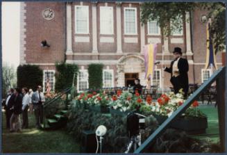 Eugénie Prendergast receiving her honorary degree at 1985 Williams College Commencement ceremony including friends and college officials; graduation scene