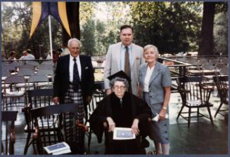Eugénie Prendergast receiving her honorary degree at 1985 Williams College Commencement ceremony including friends and college officials; (L to R)Mr. genvert, Eugénie Prendergast, Joe Butler, Cathy Genvert